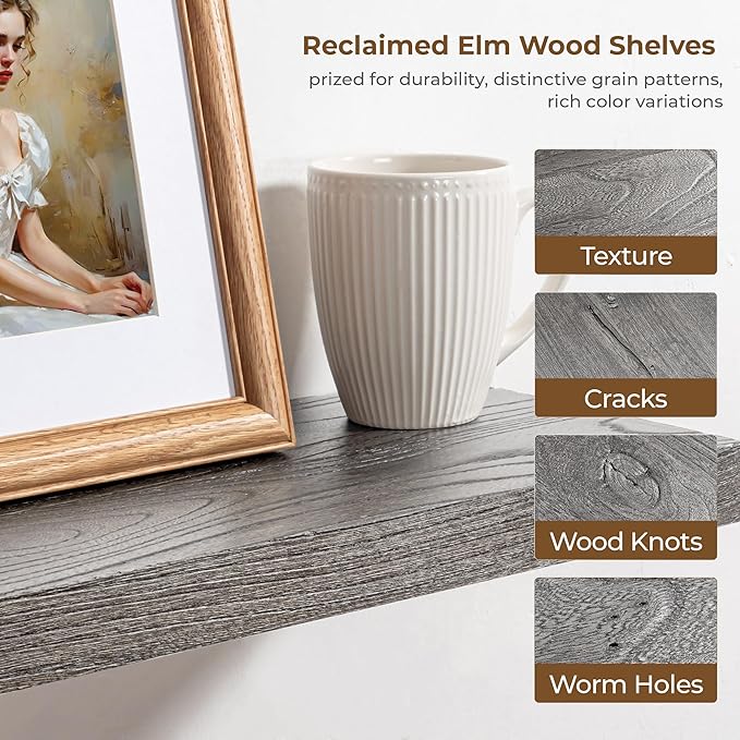 Axeman Floating Shelves for Wall, 24''W x 8'' D Rustic Solid Elm Wood Shelves for Storage, Wall Mounted Display Shelving with Invisible Heavy-Duty Metal Bracket (Grey, 2PCs)