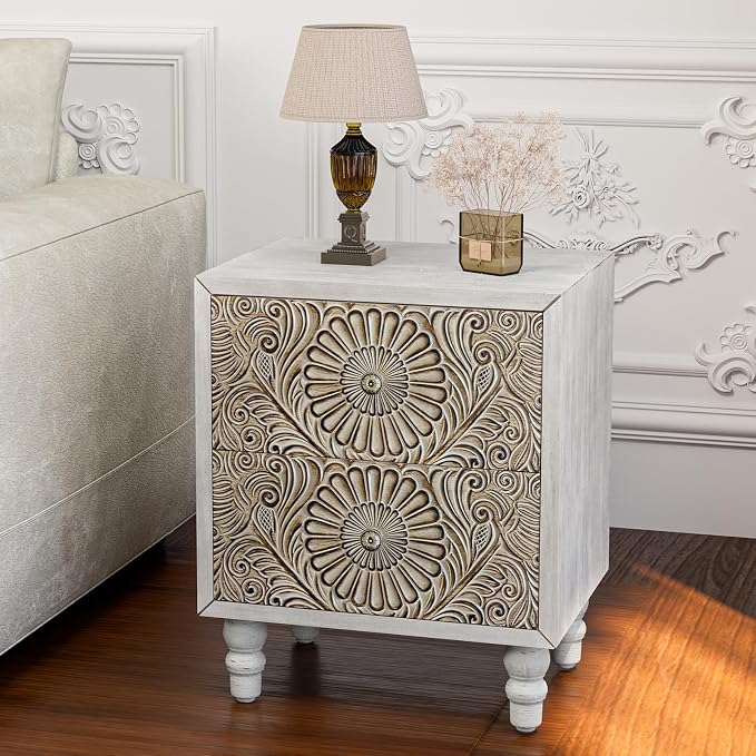 HOMPUS 2-Drawer Farmhouse Nightstand, Fully Assembled Boho Night Stand, Vintage Accent End Table Bedside Table, Small Nightstand Organizer for Bedroom, Laundry, Distress White