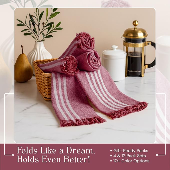 Prewashed Stripe Dish Towels 4 Pack, 16x26 Inches, Absorbent Hand Towels for Kitchen Use, Quick Dry Cloths for Cleaning, Durable Washable Rags, Reusable Dishcloth Set - Burgundy Wine