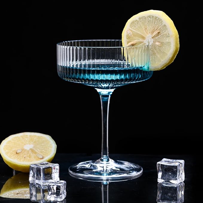Martini Glass Set of 4, Ribbed Coupe Cocktail Glasses 10 oz Classic Old Styling Martini Glass Set with Gift Box Packaging Elegant Hand Blown Manhattan Goblet for Cocktail, Champagne