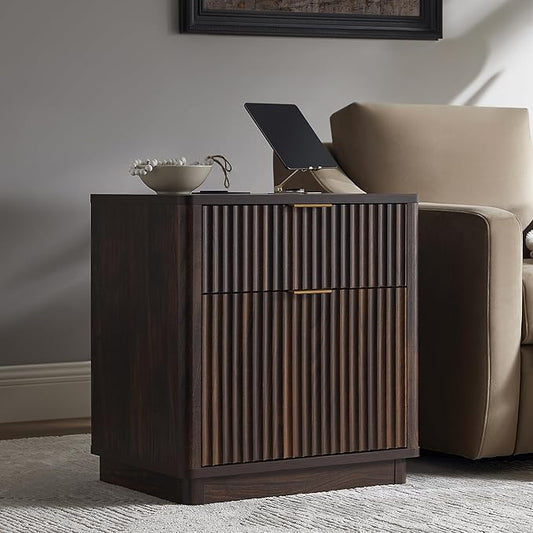 T4TREAM 23'' Fluted Nightstand with Charging Station, Large 2 Drawer Bedside Table, Modern End Table with Storage, Mid Century Night Stand for Bedroom, Living Room, Curved Profile, Dark Walnut