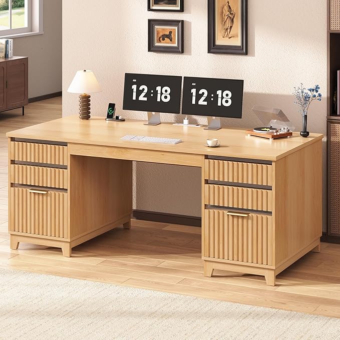 SEDETA 55.1" Fluted Office Desk with 6 Drawers, Modern Executive Desk with Acrylic File Drawers, Computer Desk with Power outlets for Home Office and Study, Natural