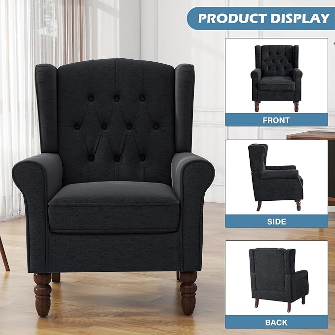 High Back Accent Chairs Set of 2, Upholstered Armchair in Fabric, Retro Wingback Arm Chair for Living Room, Comfy Single Sofa Bedroom Reading Seat with Solid Wood Legs - Black Blue
