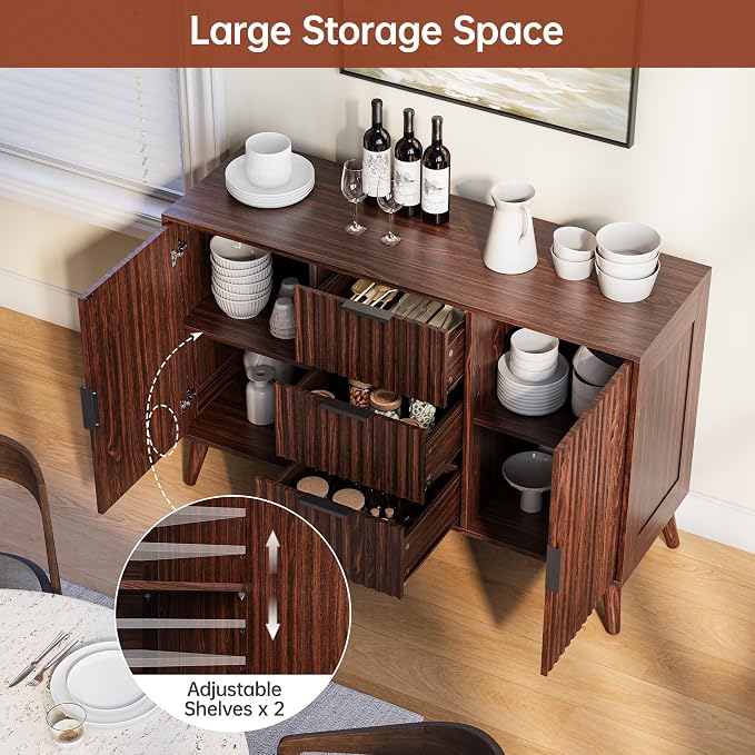 47.2" Fluted Sideboard Buffet Cabinet with 3 Drawers, Walnut Modern Buffet Cabinet with Storage, Large Storage Cabinets with 2 Doors Accent Credenza for Living Room|Kitchen|Entryway