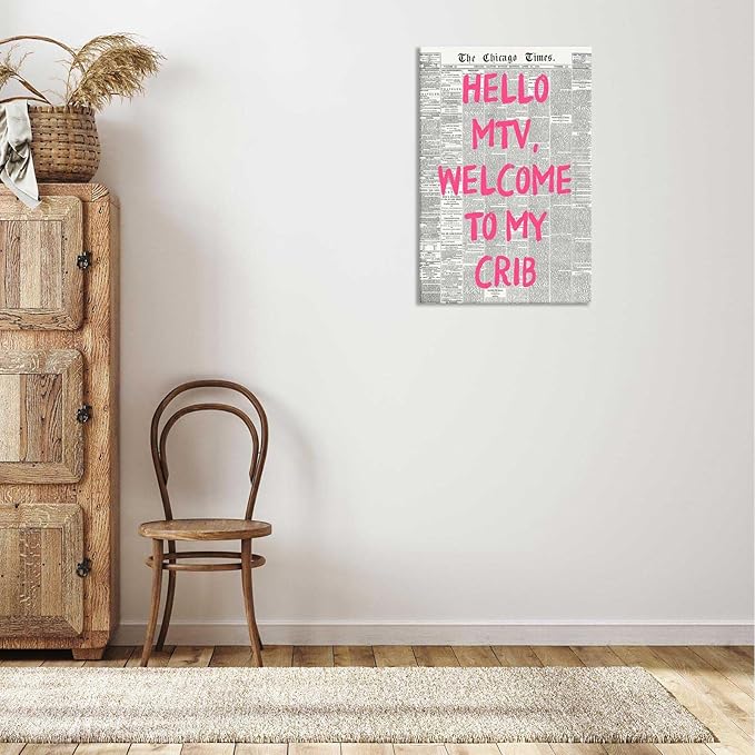 Drimiler Retro Hello Mtv Welcome To My Crib Posters Pink Font Newspaper Canvas Wall Art Positive Affirming 70'S Room Aesthetic Prints Painting For Home Bedroom Dorm Wall Decor 24x36in Wframed
