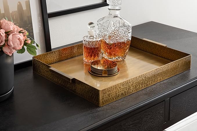 Kate and Laurel Samana Modern Glam Rectangle Metal Tray; 18 x 13 x 2; Brass; Rectangular Polished Stainless Steel Decorative Tray with Hammered Surface and Minimalist Handles