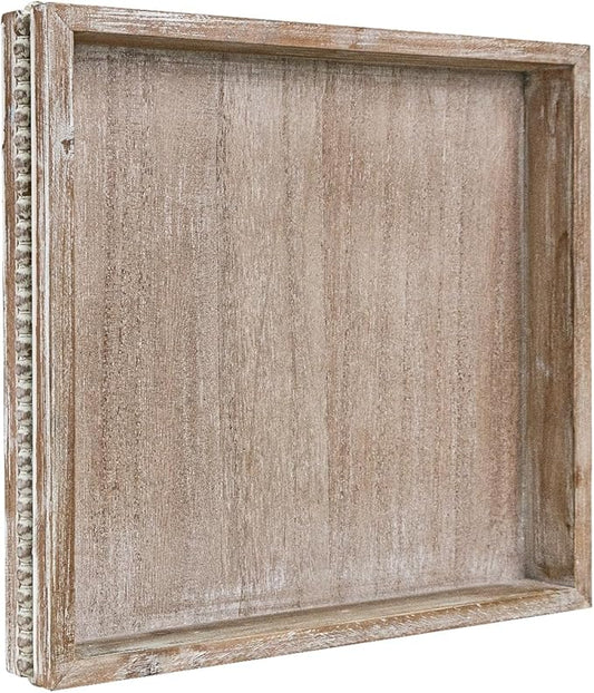 MAONAME Wood Serving Tray, Farmhouse Wooden Tray for Coffee Table, Rustic Square Trays with Beads, Washed White Decorative Trays for Living Room, Kitchen, 12" X 12" X 1.6"