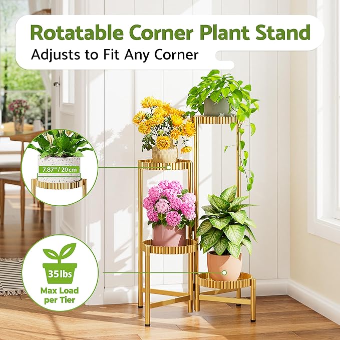 Stand Plants, 4 Tiers Metal Tiered Plant Stands for Outdoor Indoor,Heavy Duty Flower Pot Stands for Multiple Plants,Decoration Floding Tall Display Racks for Patio Porch -GoldFloroma