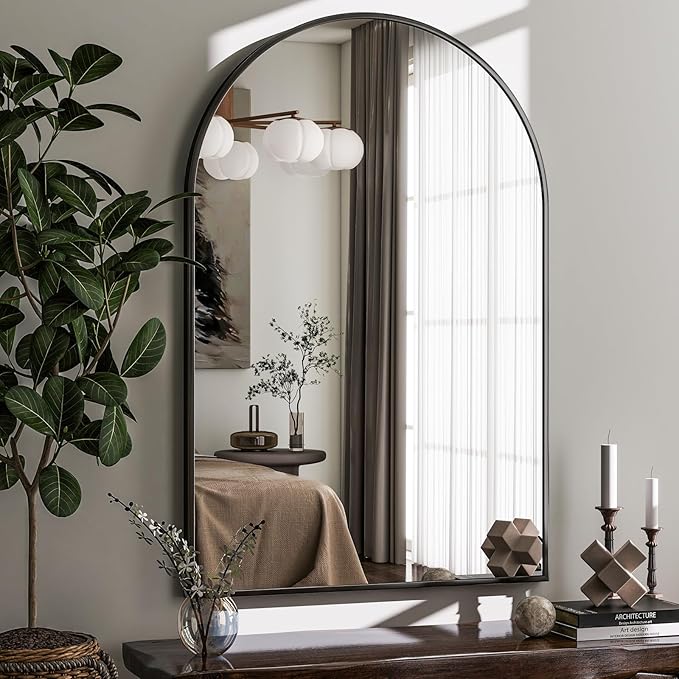 HARRITPURE 20"x28" Arched Bathroom Mirror, Wall Mounted Mirror, Black Arch Mirror, Aluminum Alloy Frame Wall Mirror for Living Room, Bedroom and Entryway