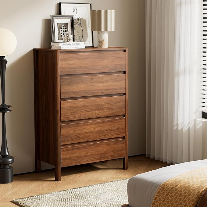 45" Tall Mid-Century Modern Dresser for Bedroom, 5 Drawer Chest of Drawers with Solid Wood Legs, Large Storage Tall Dresser, Walnut