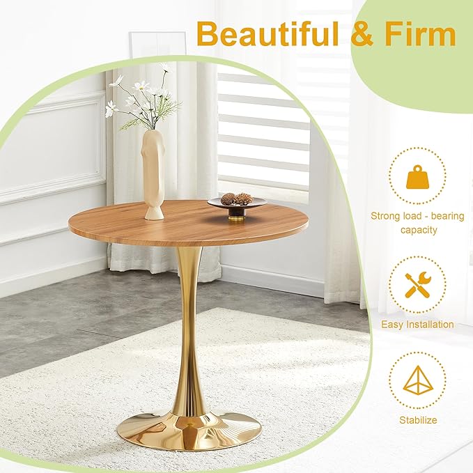 31.5 Inch Small Round Dining Table for 2-4 Person, Circle Tulip Table with Faux Wood MDF Top and Gold Metal Base,Mid Century Modern Bistro Table for Kitchen, Small Places,Living Room, Cafe