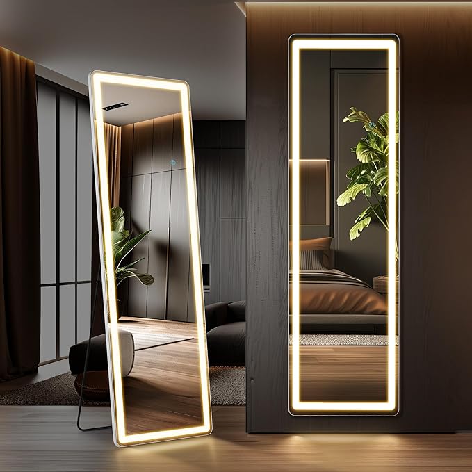 OLIXIS 16"x 60" LED Full Length Mirror with Lights, Standing Lighted Floor Full Body Mirror with 3 Color Lighting, Wall Mounted Mirrors for Bedroom, Bathroom, Entryway with Tempered Glass