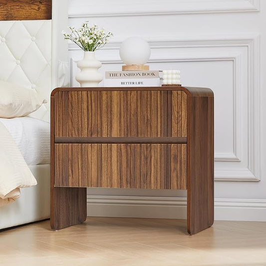 Flute 2 Drawer Dresser,Mid Century Modern Small Nightstand with 2 Drawer for Bedroom, Wood Side Table with Curved Profile for Living Room,Hallway,Enterrway