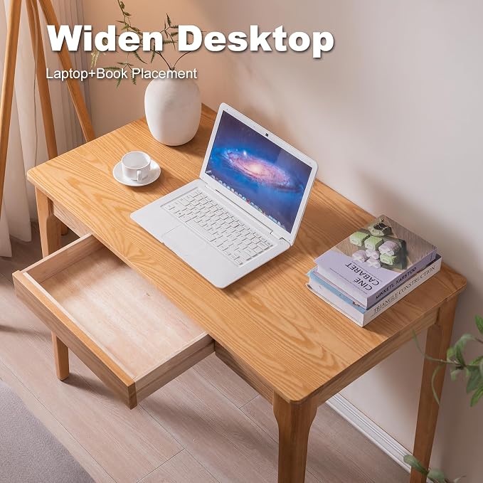 Solid Wood Desk with Drawers, Home Office Desk for Small Spaces, Gaming Work Study Desk, Student PC Desk for Bedroom, Easy to Assemble (Wood Color, 39.4 inch)