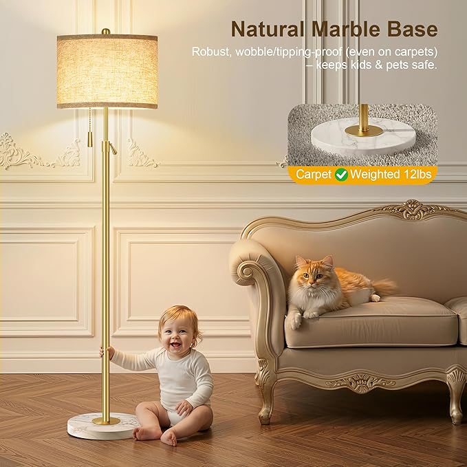 Modern Gold Floor Lamp for Living Room, Floor Lamp with Remote Control, Adjustable Height Standing Lamp with Marble Base & Linen Shade, Dimmable Tall Floor Light for Bedroom, Reading