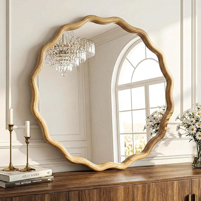 TRAHOME Round Wood Mirrors for Wall, 28" Boho Circle Wavy Mirror with Wooden Frame, Decorative Mirror with Tempered Glass, Natural Wooden Frame Vanity Mirror for Bedroom, Living Room, Entryway
