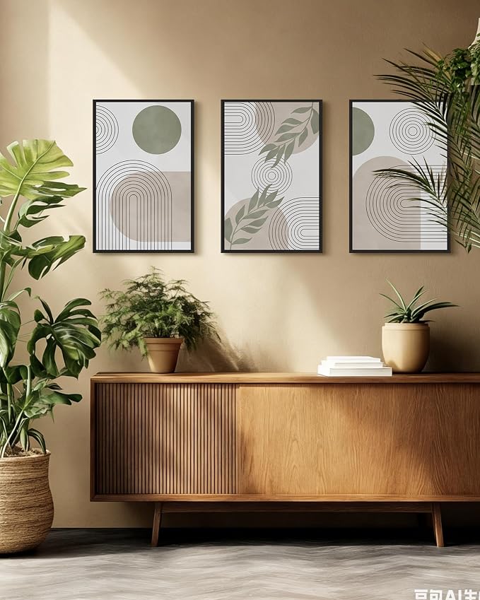 Drsoum Green Bohemian Wall Art Framed Boho Plant Sage Wall Decor Abstract Geometry Artwork Bedroom Home Office Living Room Prints Ready to Hang 16x24in Black Framed