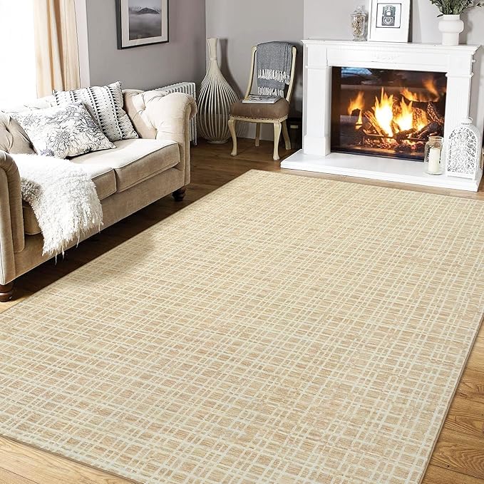 Modern Rug 8x10 Area Rugs for Living Room Washable Bedroom Rug Geometric Grid Large Area Rug Soft Non Slip Throw Rugs Low Pile Stain Resistant Carpet for Office Dining Room 8'x10' Yellow