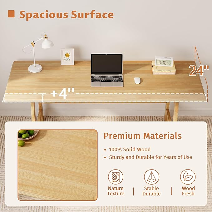 IOTXY Solid Wood Writing Table - 60" W x 24" D Minimalist Computer Desk for Home Office, Work, Study, Creativity, and PC Workstation, Oak