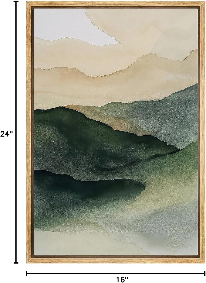 SIGNLEADER Framed Canvas Print Wall Art Watercolor Landscape Green and Beige Mountain Hills Illustration Modern Art Decorative Nordic Zen for Living Room, Bedroom, Office - 16"x24" NATURAL