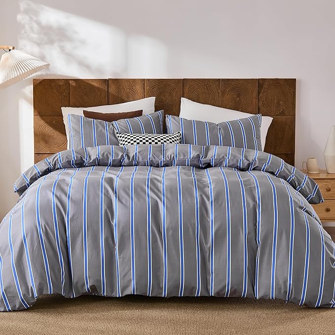Merryword Blue and Gray Striped Duvet Cover Set Queen Size 100% Cotton Bedding Set with Modern Coastal Style Soft Breathable Linen Like Bedding Set 3 Pieces