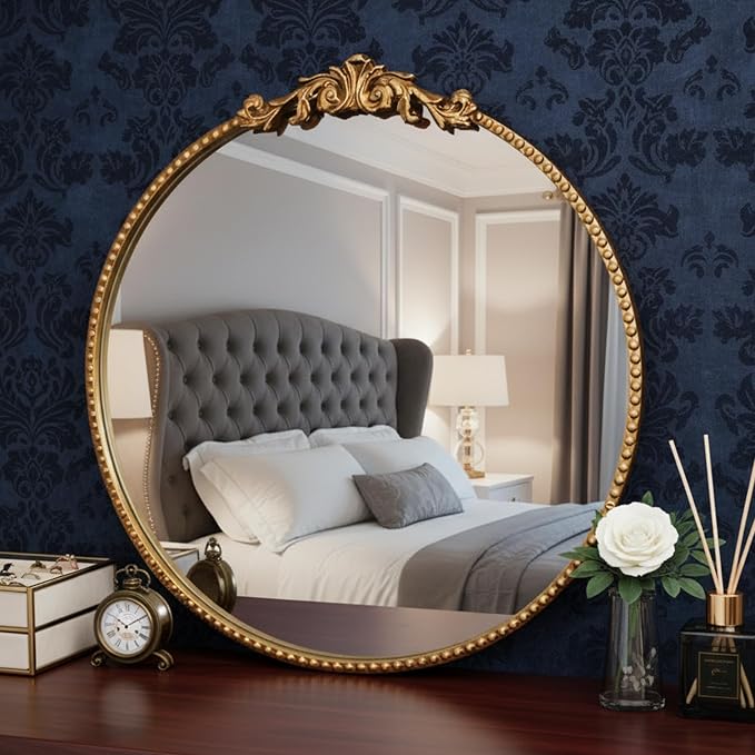 ZIYOO Vintage Baroque Round Wall Mirror 24"x24", Gold Ornate Carved Frame Decor Mirror for Entryway Living Room Bedroom Hallway (Gold Metal,24"x24")