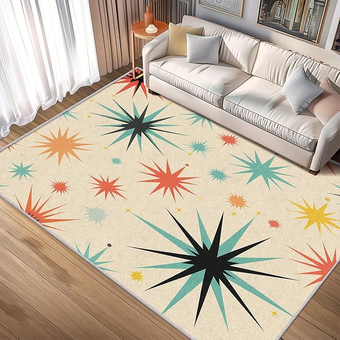 Retro Atomic Throw Rug 2x3, Washable Mid Century Rugs for Entryway Bedroom Kitchen, Contemporary Geometric Area Rug for Home Decor, Non Slip Backing Indoor Floor Mat Carpet with Gripper