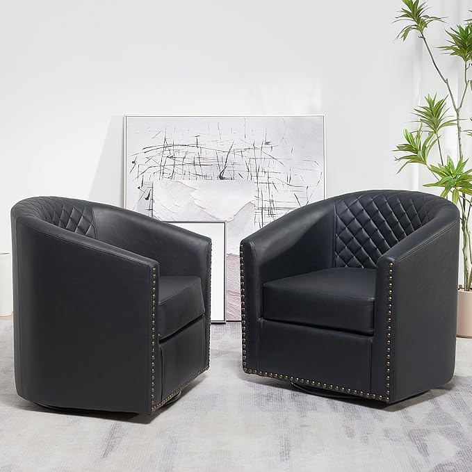 KINWELL 29" Wide Tufted Faux Leather Swivel Barrel Chair Set of 2, PU Leather Modern Upholstered Accent Chairs with Nailhead Trim, Small Armchair for Living Room Bedroom, Black