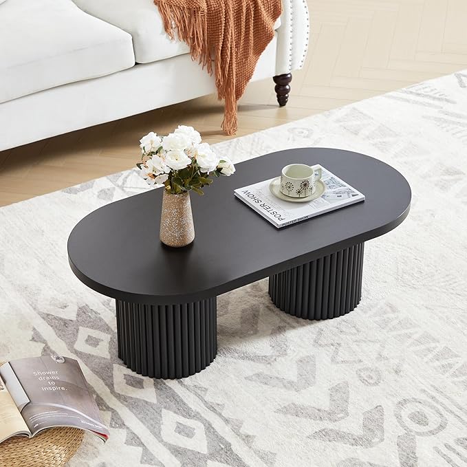 Oval Fluted Coffee Table, Farmhouse Wood Coffee Table Mid Century Modern Center Table Boho Living Room Tables for Living Room Office (Black, 19.69" D x 39.38" W x 13.78" H)