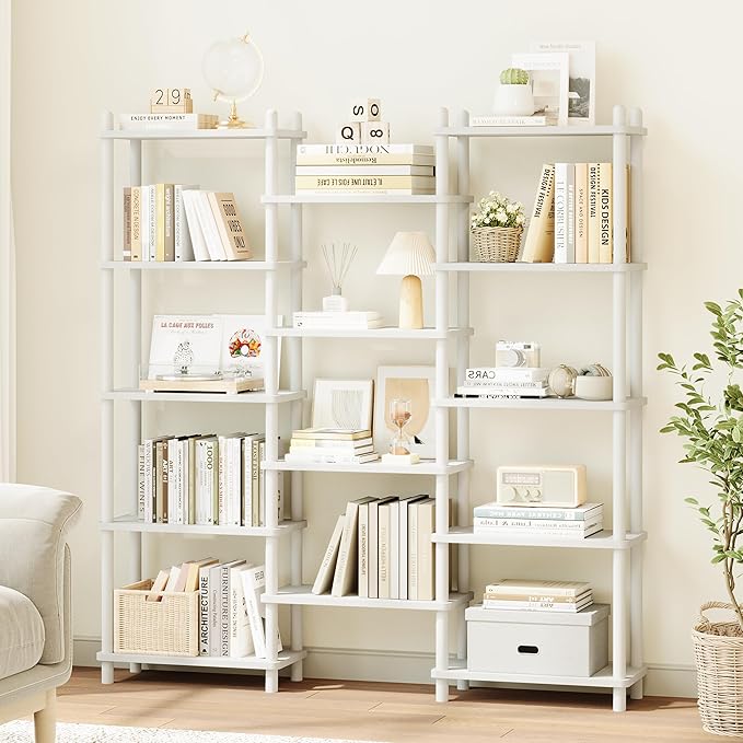 IOTXY Wooden Triple Wide Bookshelf - 5-Tier Large Shelf Bookcase with Solid Beech Frame, Tall Freestanding Open Etagere Display Rack for Home Office, White