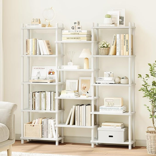 IOTXY Wooden Triple Wide Bookshelf - 5-Tier Large Shelf Bookcase with Solid Beech Frame, Tall Freestanding Open Etagere Display Rack for Home Office, White