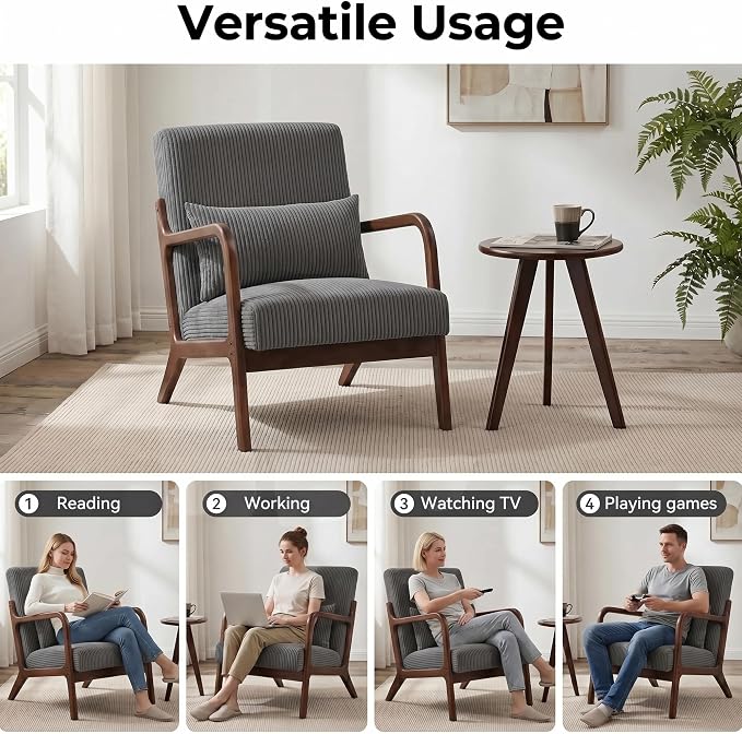 Mid Century Modern Accent Chairs Set of 2, Upholstered Corduroy Armchairs with Lumbar Pillows, Solid Rubberwood Frame for Living Room, Bedroom, Waiting Room,Dark Grey