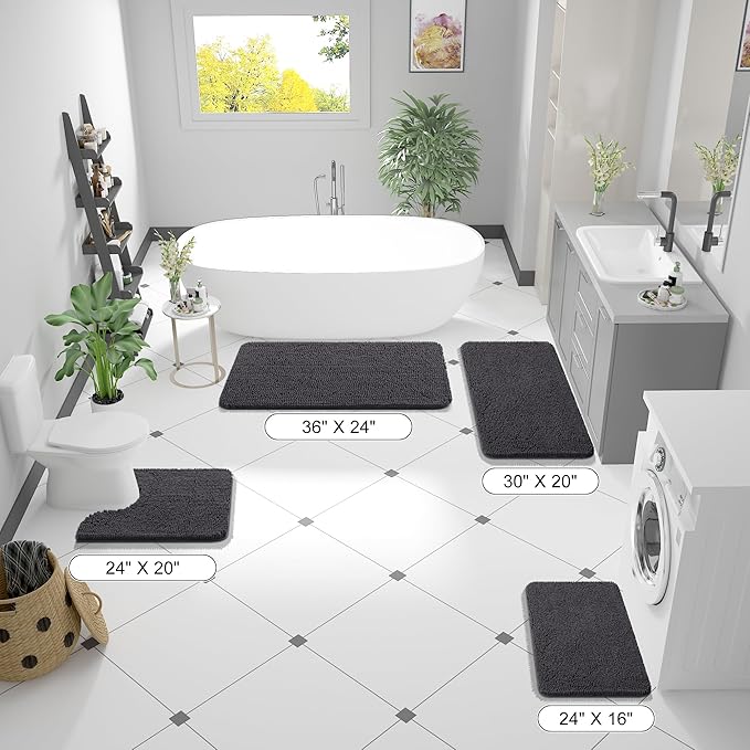 OLANLY Bathroom Rugs 70x46, Extra Soft Absorbent Chenille Bath Rugs, Rubber Backing Quick Dry, Machine Washable Bath Mats for Bathroom Floor, Tub and Shower, Home Decor Accessories, Dark Grey