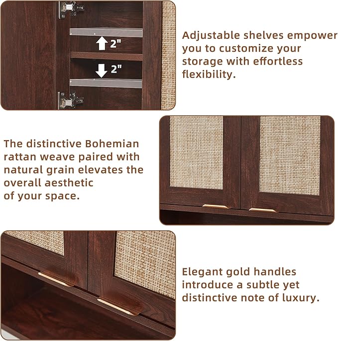 LEYAOYAO Rattan Bathroom Wall Cabinet, Boho Medicine Cabinet with Adjustable Shelf & Doors, Over The Toilet Storage Cabinets Organizer for Laundry Room, Kitchen, Living Room, Walnut