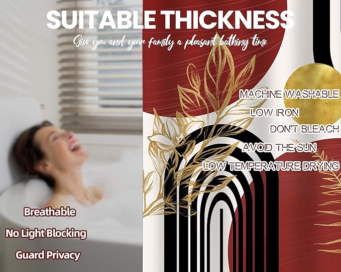 Black and Red Shower Curtain Boho Mid Century Burgundy Dark Red and Gold and White Shower Curtains for Bathroom Decor, Waterproof Cloth Fabric with Hooks, 70" W x 84" L