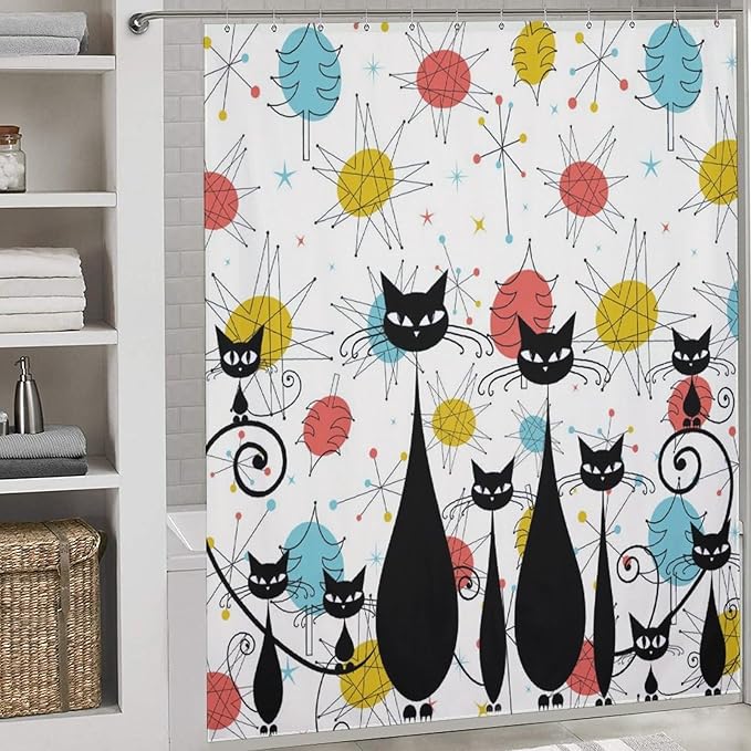 Mid Century Shower Curtain Christmas Tree Atomic Black Cat Aesthetic Patterned Duty Fabric Shower Curtains Set Bathroom Polyester Waterproof with 12 Hooks,72x72Inch（183x183cm）