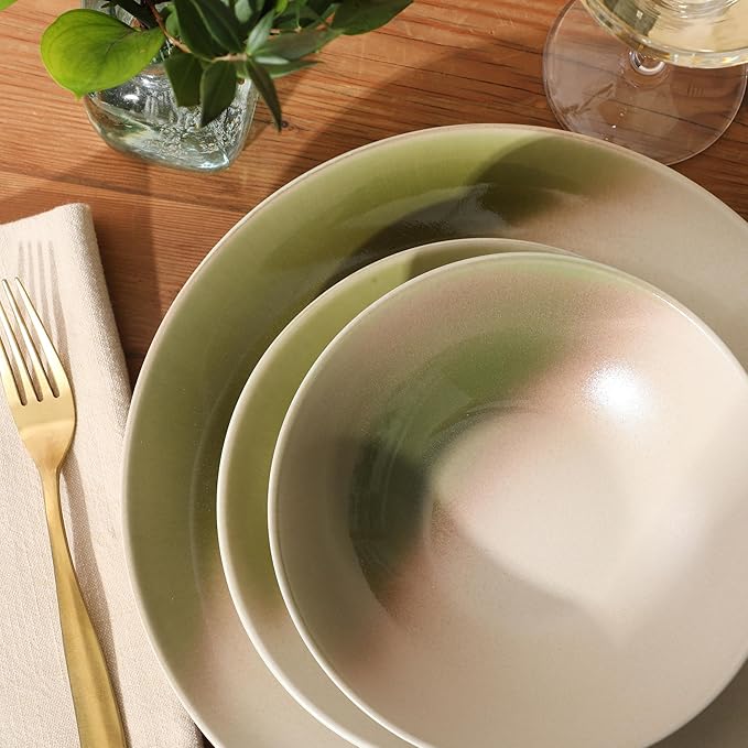 Gibson Elite Crescenton Plates and Bowls Sets, 12-Piece Green Stoneware Dinnerware Sets, Round Reactive Glaze Dish Set