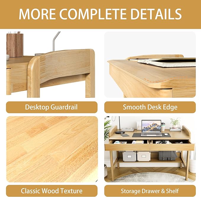100% Solid Wood Desk with Drawers - 40 Inch Mid Century Modern Desk, Vintage Desks with Shelf, Adjustable Height Writing Computer Desks - Natural Oak