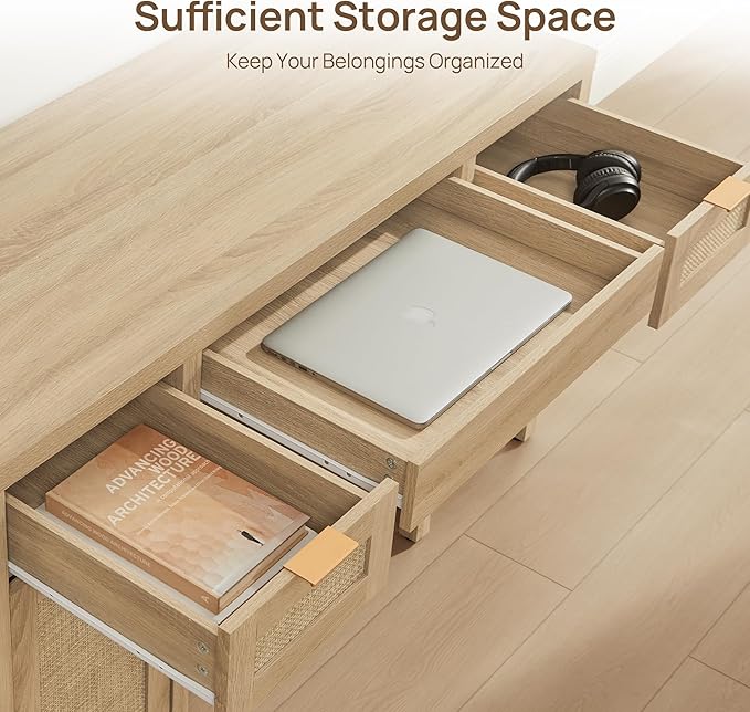 SICOTAS Rattan Executive Desk with Storage - 52" Large Home Office Desk with 3 Drawers and 2 Cabinets, Boho Computer Table for Study, Office, Living Room, Light Oak