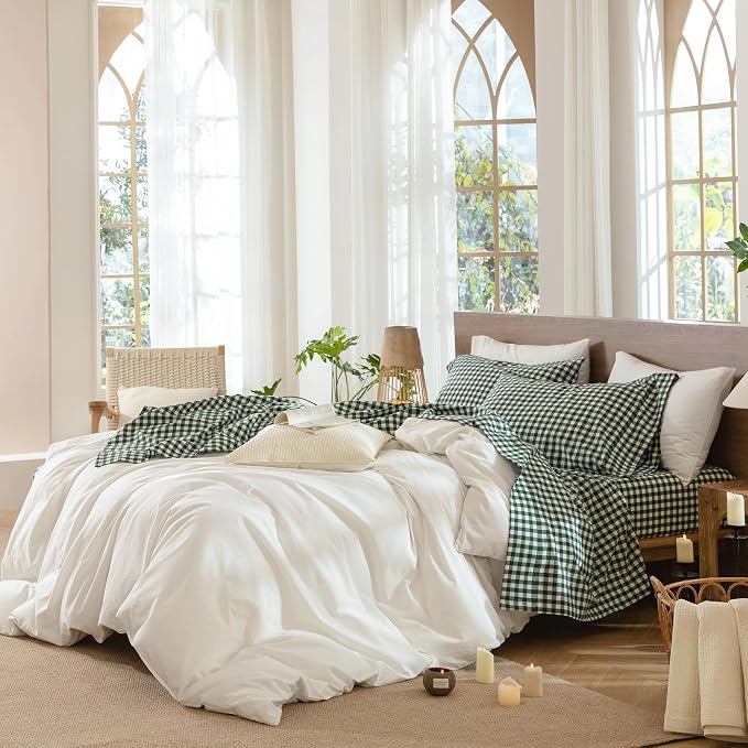 MooMee Gingham Sheet Set 100% Washed Cotton Linen Like Textured Breathable Soft w/Fully Elasticized 16-19" Deep Pocket (Classic Gingham Forest Green, Queen)