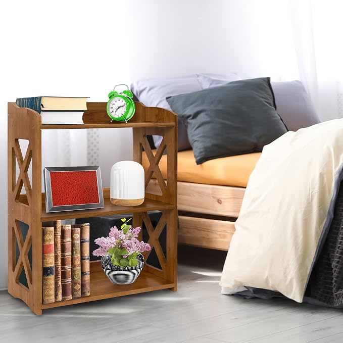 3 Tier Bookshelf, Narrow Bookshelf Wood Bookshelf Organizer, Small Bookcase Display Shelf, 3 Shelf Bookcase for Desktop, Office, Bedroom, Living Room (Brown, 3 Tier)