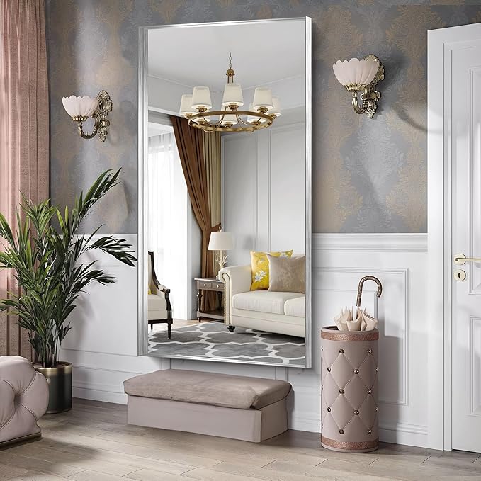 CIRCUMI Silver Bathroom Mirror, 72"x36" Rectangular Mirror with Deep Metal Frame, Brushed Finish, Tempered Glass, Large Mirror for Wall, Over 2 Sinks, Installed Vertically/Horizontally, Crystal-Clear