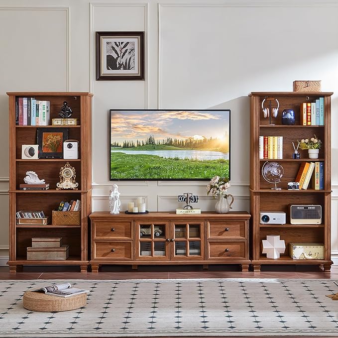 SAVOR LIFE 70" Tall Brown Bookshelf,5 Tier Wooden Book Shelf with Adjustable Shelves & Wood Legs,Free Standing Farmhouse Bookcase with Open Display Storage,Vintage Bookshelves for Classroom, 3PCS