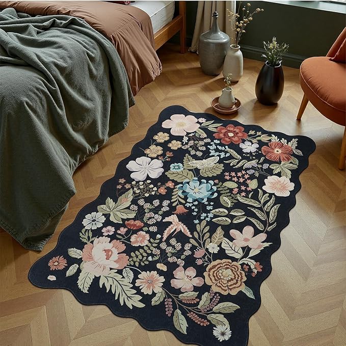 DCX Black Floral Rug 3x5, Washable Black Rug for Living Room, Kid & Pet Friendly with Rubber Back Non Slip, Soft Low Pile Carpet, Stain Resistant Rug for Bedroom, Nursery, Dining Room