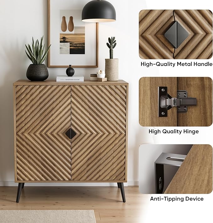 Smuxee Walnut Sideboard Cabinet with Fluted Diamond Doors, Freestanding Buffet Cabinet with Adjustable Shelf, Wood Storage Cabinet for Living Room, Entryway, Hallway