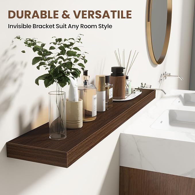 72 Inch Floating Shelves for Wall 2 Pack, 72" Wall Shelves for Books, Storage, Decor, Wall Mounted Floating Shelf with Invisible Brackets for Kitchen, Living Room, Walnut
