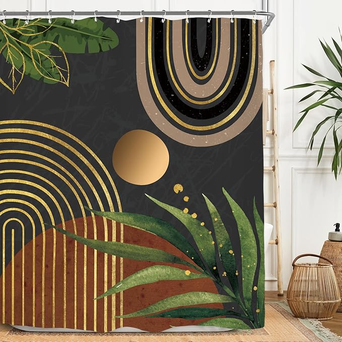 Miyotaa Abstract Minimalist Shower Curtain Set 60Wx71H Inches Aesthetic Modern Dark Burnt Orange Black Contemporary Plant Leaves Polyester Waterproof Cloth Bathroom Curtain with 12 Hooks