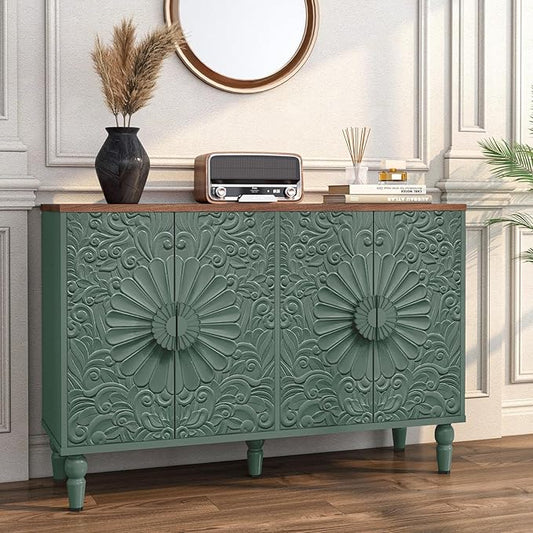 Accent Cabinet with 4 Vintage Carved Flower Pattern Doors, 47" Sideboard Buffet Cabinet with Storage, Decorative Cabinet Wood Credenza for Living Room, Hallway, Green