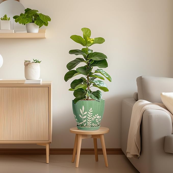 8 Inch Indoor Plant Pot with Drainage and Saucer - Ceramic Planter for Indoor Outdoor Plants, Decorative Flower Pot, Desk Home Office Garden Decor, Plant Lovers Gifts, Green