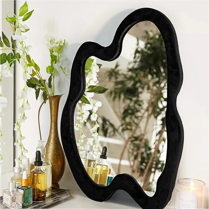 Irregular Asymmetrical Mirror, Wooden Frame with Flannel Wrap, Modern Unique Wall Mirror, 32"L x 24"W, Black